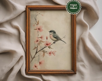 Vintage Spring Bird Print: Watercolor Cherry Blossom Nursery Wall Art, Rustic Floral Decor