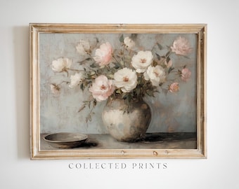 Vintage Floral Still Life Print: Muted Pink and White Roses, Cottagecore Wall Art