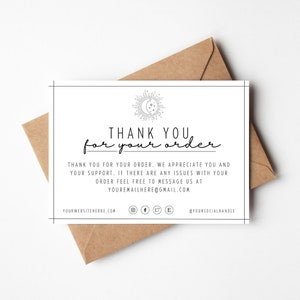 Tarjeta de agradecimiento minimalista, plantilla de tarjeta de agradecimiento para pequeñas empresas del sol y la luna, tarjeta de agradecimiento editable, plantilla digital