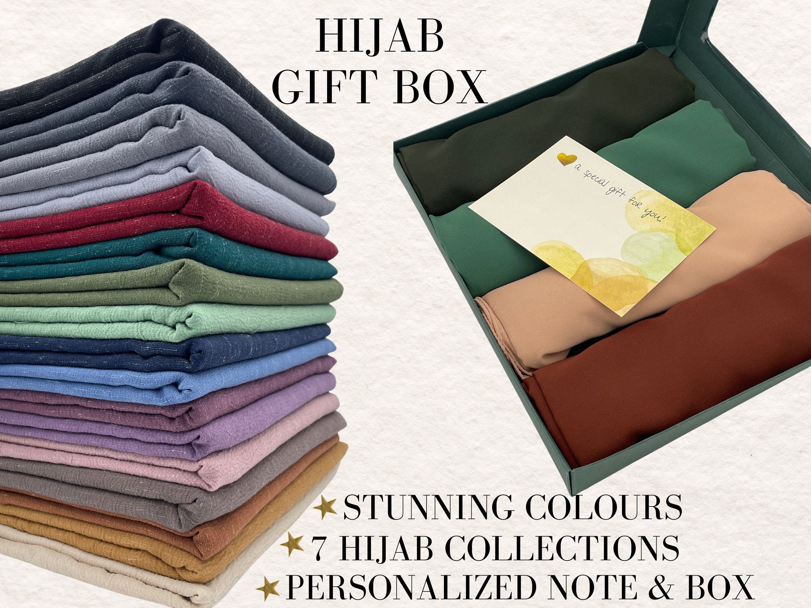 Premium Hijab Set Gift Box Personalized Quality Shawls Scarves Plain Wraps Islamic Present for Her Jersey Cotton Chiffon Modal Medina Silk