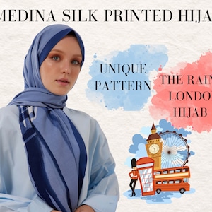 Premium Medina Silk Printed Hijabs Unique London Pattern Quality Shawls Luxury Scarves Islamic Present for Muslim Women Navy Blue Maxi Wraps