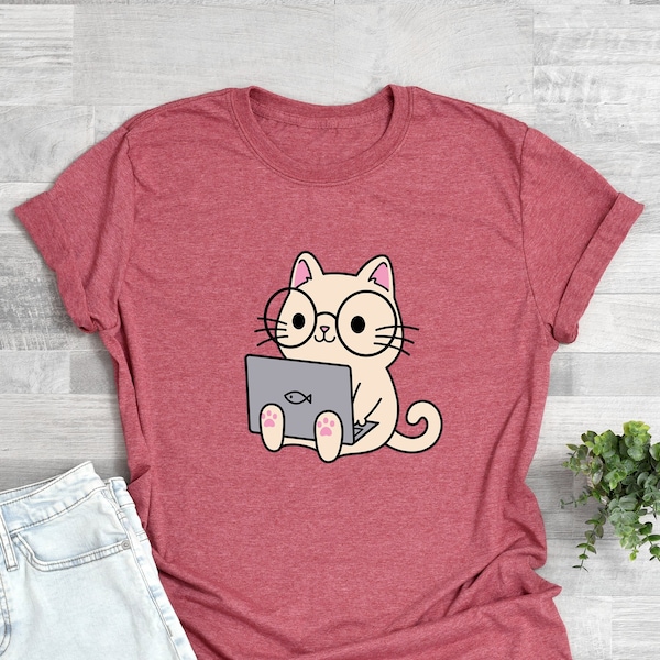Cat and Lap-top Shirt, Cute Nerd Cat Shirt,  Working Cat Shirt, Studying Cat Shirt, Funny Cat Shirt, Cat Lover Shirt, Cat Lover Gift