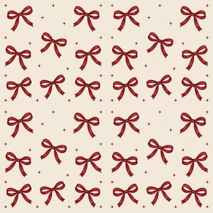 May include: A repeating pattern featuring dark red bows arranged in a grid on a light cream background. Small, four-pointed star shapes are interspersed between the bows, creating a consistent and balanced decorative design across the surface.