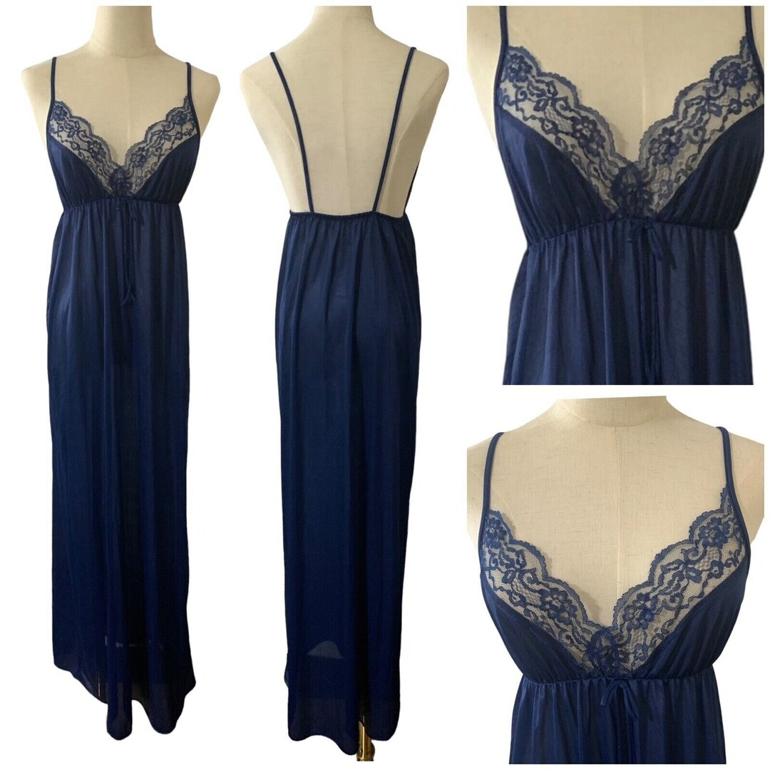 Nylon Slip Vintage Nightgown USA Blue Satin Lace Slip Dress Etsy