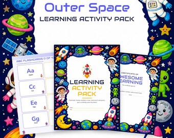 Outer Space Learning Pack Printable, Preschool Worksheets, ABC Flashcards, Letter Tracing, Number Cards, Maze, Word Search