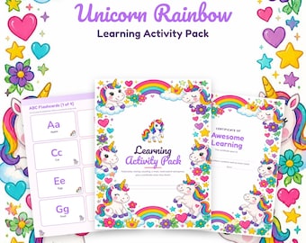 Unicorn Rainbow Learning Pack Printable, Preschool Worksheets, ABC Flashcards, Letter Tracing, Number Cards, Maze, Word Search