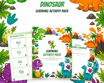 Dinosaur Learning Pack Printable, Preschool Worksheets, ABC Flashcards, Letter Tracing, Number Cards, Maze, Word Search