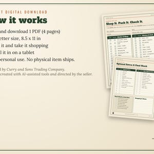 May include: A digital PDF packing checklist with four pages, US Letter size 8.5 x 11 inches. The document features sections titled Shop It. Pack It. Check It. and Optional Extras & Final Check with checkboxes and lists for gear, kitchen, and food items.