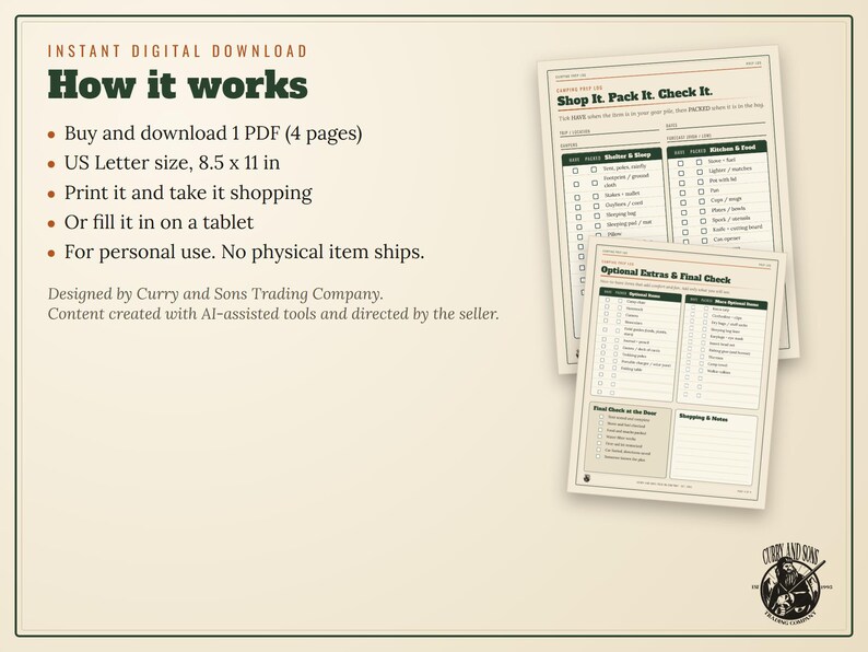 May include: A digital PDF packing checklist with four pages, US Letter size 8.5 x 11 inches. The document features sections titled Shop It. Pack It. Check It. and Optional Extras & Final Check with checkboxes and lists for gear, kitchen, and food items.