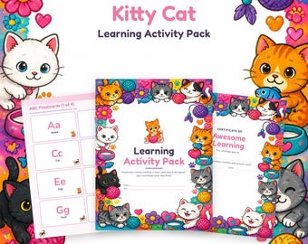 Kitty Cat Learning Pack Printable, Preschool Worksheets, ABC Flashcards, Letter Tracing, Number Cards, Maze, Word Search