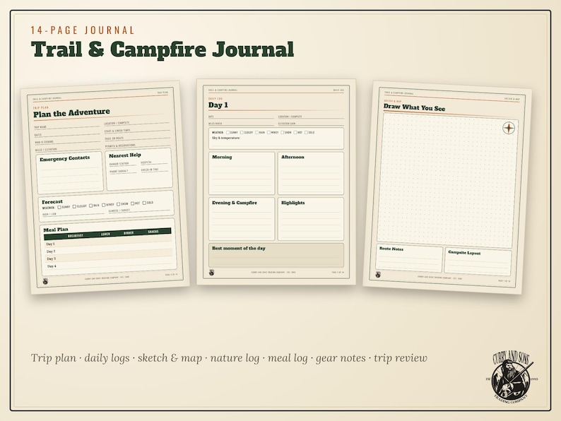 Puede incluir: Un diario de 14 p&aacute;ginas Trail & Campfire que muestra tres p&aacute;ginas impresas con secciones para planificar aventuras, registros diarios y bocetos. Las p&aacute;ginas incluyen campos para contactos de emergencia, pron&oacute;sticos del tiempo, planes de comidas y destacados.