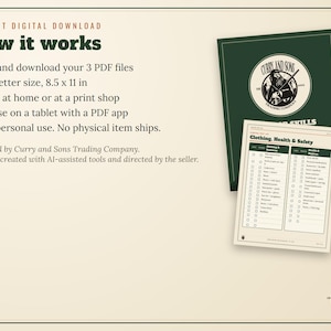 Puede incluir: Una hoja de instrucciones de descarga digital titulada How it works, que detalla los pasos para 3 archivos PDF en tama&ntilde;o 21,59 x 27,94 cm. Incluye un icono de carpeta verde oscuro con el logotipo de Curry and Sons Trading Company y una lista.