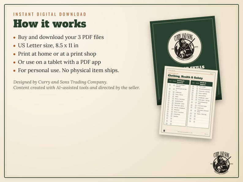 Puede incluir: Una hoja de instrucciones de descarga digital titulada How it works, que detalla los pasos para 3 archivos PDF en tama&ntilde;o 21,59 x 27,94 cm. Incluye un icono de carpeta verde oscuro con el logotipo de Curry and Sons Trading Company y una lista.