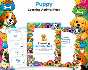 Puppy Learning Pack Printable, Preschool Worksheets, ABC Flashcards, Letter Tracing, Number Cards, Maze, Word Search