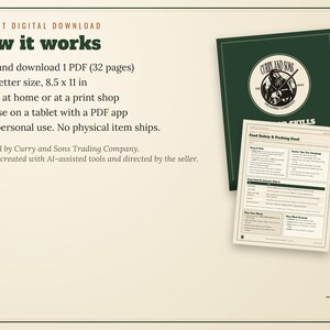 May include: An instant digital download guide titled How it works, featuring a 32-page PDF in 8.5 x 11 inch US Letter size. The document includes a dark green cover with the Curry and Sons Trading Company logo and a page on Food Safety and Packing Food.