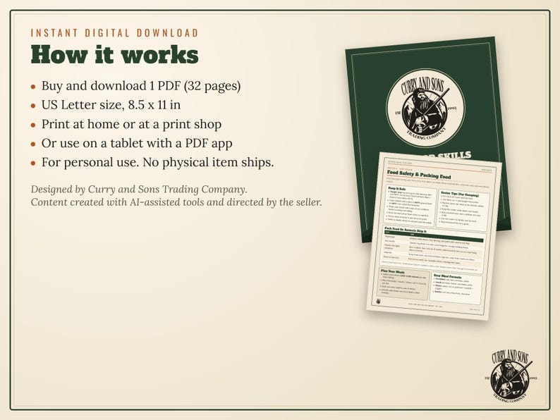 May include: An instant digital download guide titled How it works, featuring a 32-page PDF in 8.5 x 11 inch US Letter size. The document includes a dark green cover with the Curry and Sons Trading Company logo and a page on Food Safety and Packing Food.