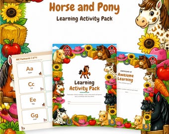 Horse and Pony Learning Pack Printable, Preschool Worksheets, ABC Flashcards, Letter Tracing, Number Cards, Maze, Word Search