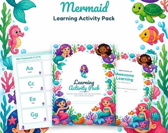 Mermaid Learning Pack Printable, Preschool Worksheets, ABC Flashcards, Letter Tracing, Number Cards, Maze, Word Search