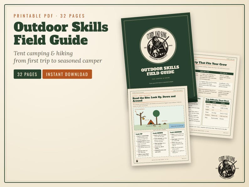 May include: A 32-page printable PDF Outdoor Skills Field Guide for tent camping and hiking. The document features a dark green cover with a circular logo, alongside interior pages containing instructional text, charts, and a camping site diagram.