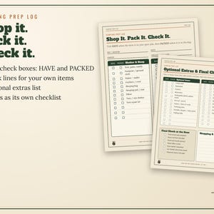 May include: A Camping Prep Log checklist printed on two off-white sheets of paper. The text reads Shop It. Pack It. Check It. and Optional Extras & Final Check. The forms include columns for Have and Packed, with lists for shelter and gear.