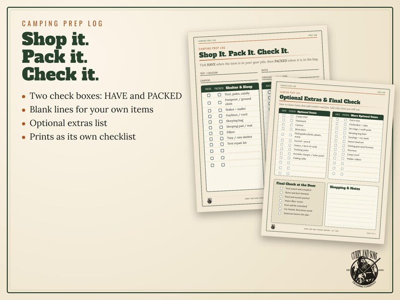 May include: A Camping Prep Log checklist printed on two off-white sheets of paper. The text reads Shop It. Pack It. Check It. and Optional Extras & Final Check. The forms include columns for Have and Packed, with lists for shelter and gear.