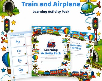 Train and Airplane Learning Pack Printable, Preschool Worksheets, ABC Flashcards, Letter Tracing, Number Cards, Maze, Word Search