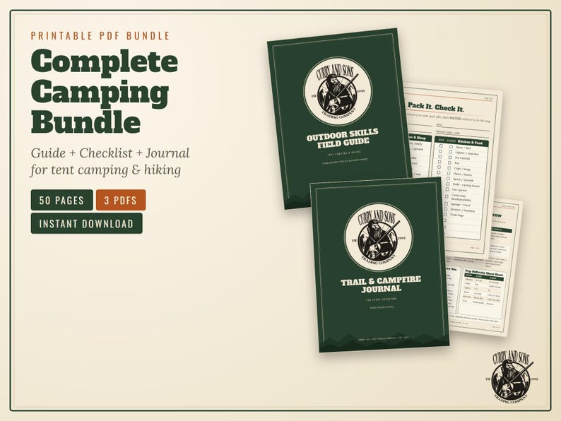 Puede incluir: Un paquete PDF imprimible titulado Complete Camping Bundle, que incluye una gu&iacute;a de habilidades al aire libre, una lista de verificaci&oacute;n Pack It Check It y un diario de senderismo. Los documentos tienen portadas verde oscuro con un logo.