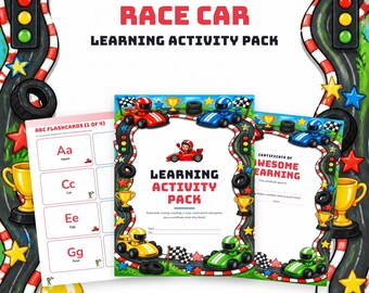 Race Car Learning Pack Printable, Preschool Worksheets, ABC Flashcards, Letter Tracing, Number Cards, Maze, Word Search