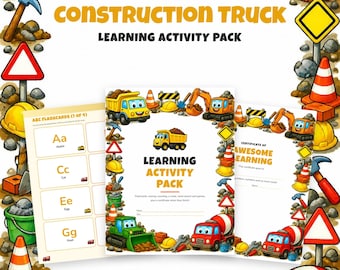 Construction Truck Learning Pack Printable, Preschool Worksheets, ABC Flashcards, Letter Tracing, Number Cards, Maze, Word Search