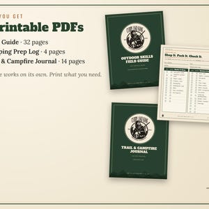 Puede incluir: Tres documentos PDF imprimibles que incluyen una gu&iacute;a de campo, un registro de preparaci&oacute;n para acampar y un diario de senderismo y fogatas. El texto enumera 32, 4 y 14 p&aacute;ginas, con una lista de verificaci&oacute;n titulada Shop It. Pack It. Check It.