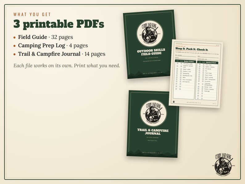 Puede incluir: Tres documentos PDF imprimibles que incluyen una gu&iacute;a de campo, un registro de preparaci&oacute;n para acampar y un diario de senderismo y fogatas. El texto enumera 32, 4 y 14 p&aacute;ginas, con una lista de verificaci&oacute;n titulada Shop It. Pack It. Check It.