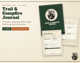 May include: A 14-page printable PDF Trail & Campfire Journal featuring a dark green cover with a circular logo of a bearded figure and the text Curry and Sons Trading Company. The interior pages include sections for trip planning, daily logs, and meal plans.