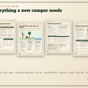 May include: A 32-page field guide titled Everything a new camper needs, featuring four pages of instructional content on camping topics like trip planning, site selection, food safety, and water management with diagrams and text.