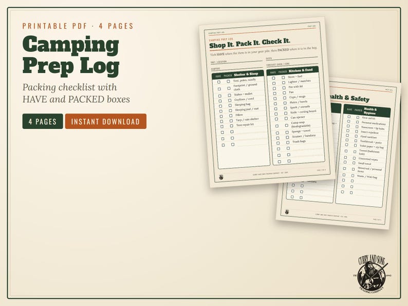 May include: A four-page printable Camping Prep Log PDF featuring a packing checklist with Have and Packed boxes. The document includes sections for Shelter and Sleep, Kitchen and Food, and Health and Safety, with dark green text and lines.