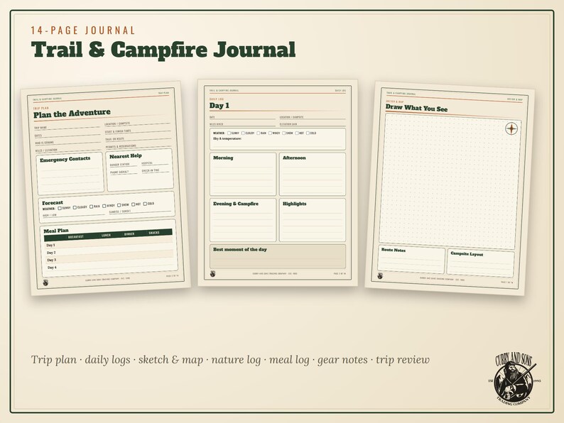 May include: A 14-page Trail & Campfire Journal featuring three printed pages with sections for planning adventures, daily logs, and sketching. The pages include fields for emergency contacts, weather forecasts, meal plans, and daily highlights in a cream layout.