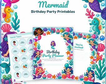 Mermaid Birthday Party Printable, Kids Party Printables, Happy Birthday Banner, Cupcake Toppers, Invitation, Favor Tags