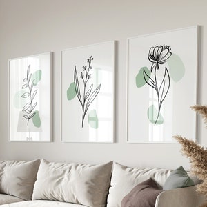 Sage Green Wall Art, Botanical Print Set of 3, Green Gallery Wall Set, Minimal Flowers Printable, Boho Floral Wall Decor, Abstract Line Art