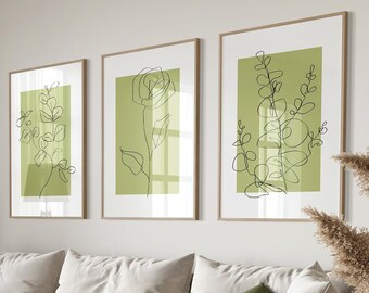 Salbeigrüne Wanddeko 3er Set, Botanische Wanddeko Minimalistisch Modern für Schlafzimmer und Wohnzimmer, Wandbilder in Grün, Druckbare Kunst
