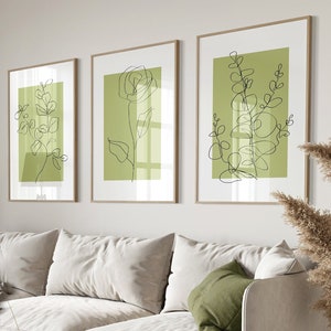 Sage Green Wall Art Print Set of 3, Botanical Line Art, Minimalist Modern Bedroom Living Room Wall Decor, Green Relaxing Wall Art Printable