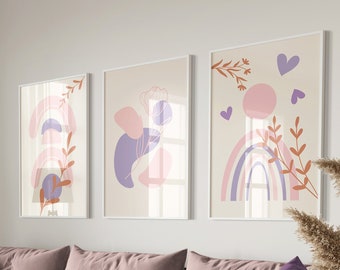 Girly Wall Art Set of 3, Blush Pink Wall Art, Girly Wall Decor, Hot Pink Preppy Room Decor, Floral Boho Wall Decor, 3 Piece Wall Art Prints