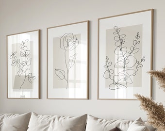 Botanical Line Art, Prints Set Of 3, Aesthetic Room Decor, Apartment Decor, Boho Beige Wall Art, Relaxing Wall Art, Above Couch Art