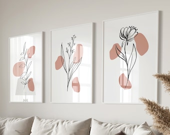 Boho Botanical Print Set of 3, Earth Tone Wall Art, Neutral Gallery Wall Flowers Printable, Minimal Floral Abstract Line Terracotta Wall Art
