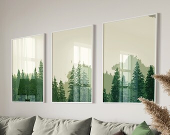 3 Piece Forest Wall Art Printable, Green Forest Decor, Set of 3 Nature Landscape Art, Over Bed Decor, Modern Minimalist Abstract Forest Art