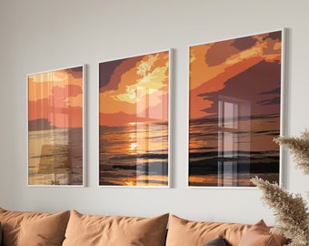 Ocean Wall Art Printable, Set of 3 Prints, Ocean Sunset Print, Beach House Decor, Panoramic Wall Art, Abstract Modern Over Bed Wall Decor