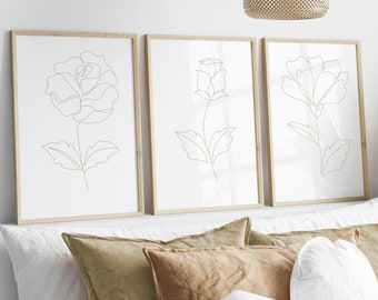 Decoración de pared en tono tierra, conjunto de 3, decoración de pared con arte lineal de flores, decoración de sala de estar minimalista, cuadros de pared beige, decoración de pared botánica, arte de pared imprimible