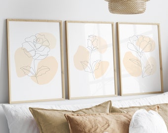 Neutral Wall Art Prints, Botanical Line Art Set of 3, Beige Plant Prints, Botanical Neutral Brown Beige Living Room Decor, Minimalist Modern