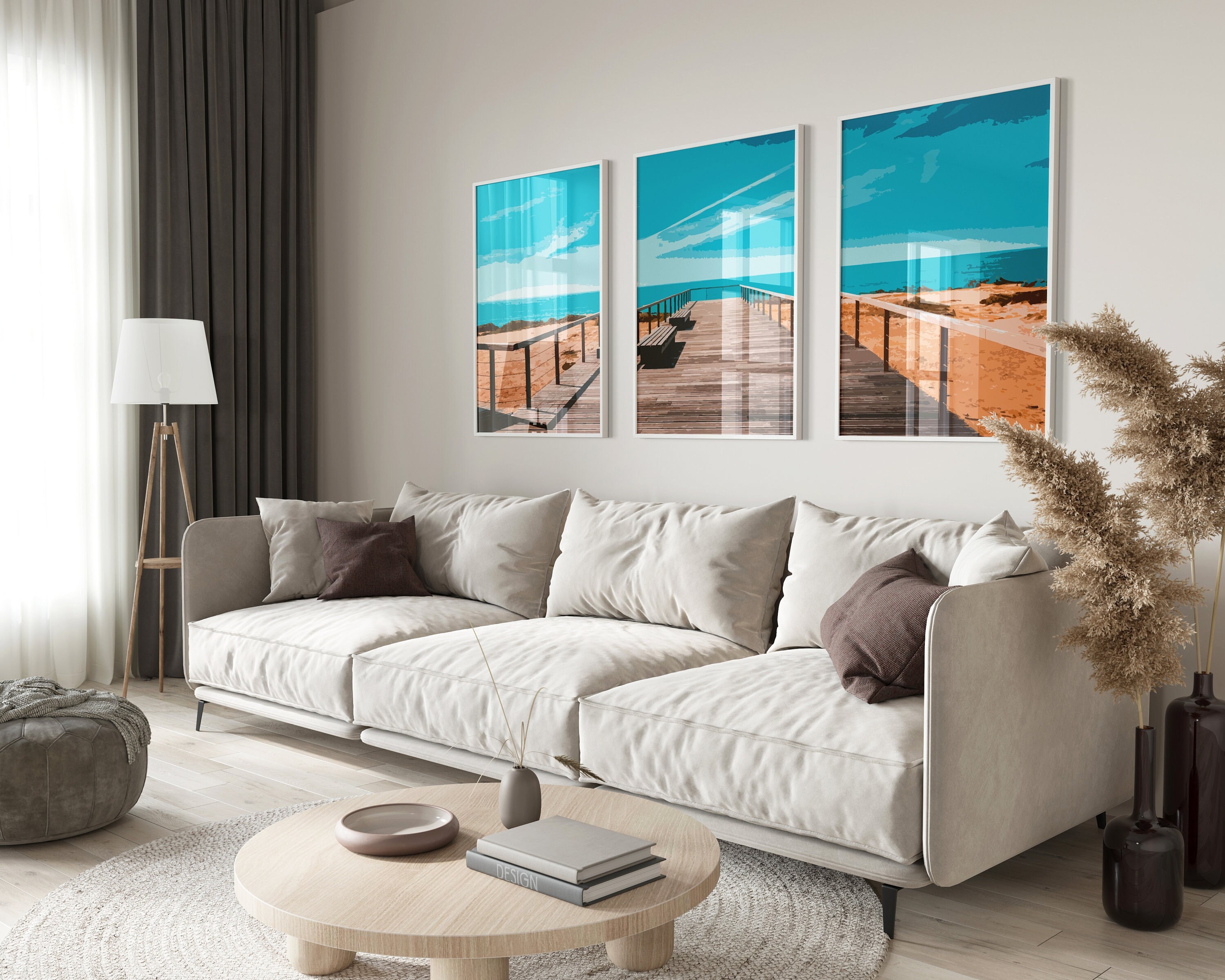 3 Piece Beach Wall Art, Panoramic Wall Art Beach Decor, Blue Sky ...