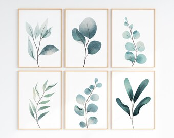 Decoración de pared impresiones botánicas de acuarela, decoración de pared sala de estar, arte de pared imprimible conjunto de 6, arte floral imprimible, cuadros de pared, carteles botánicos