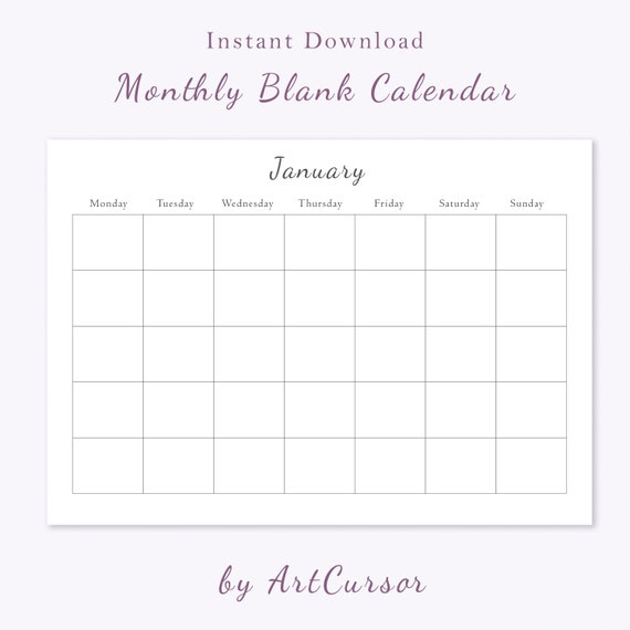 Monthly Blank Calendar Printable Calendar PDF Minimalist - Etsy