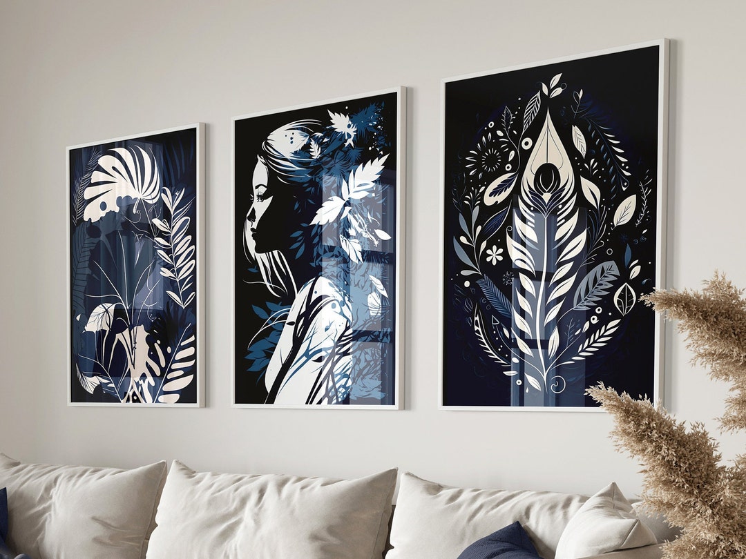 Set of 3 Printable Wall Art, Navy Blue Wall Art, Boho Wall Decor ...